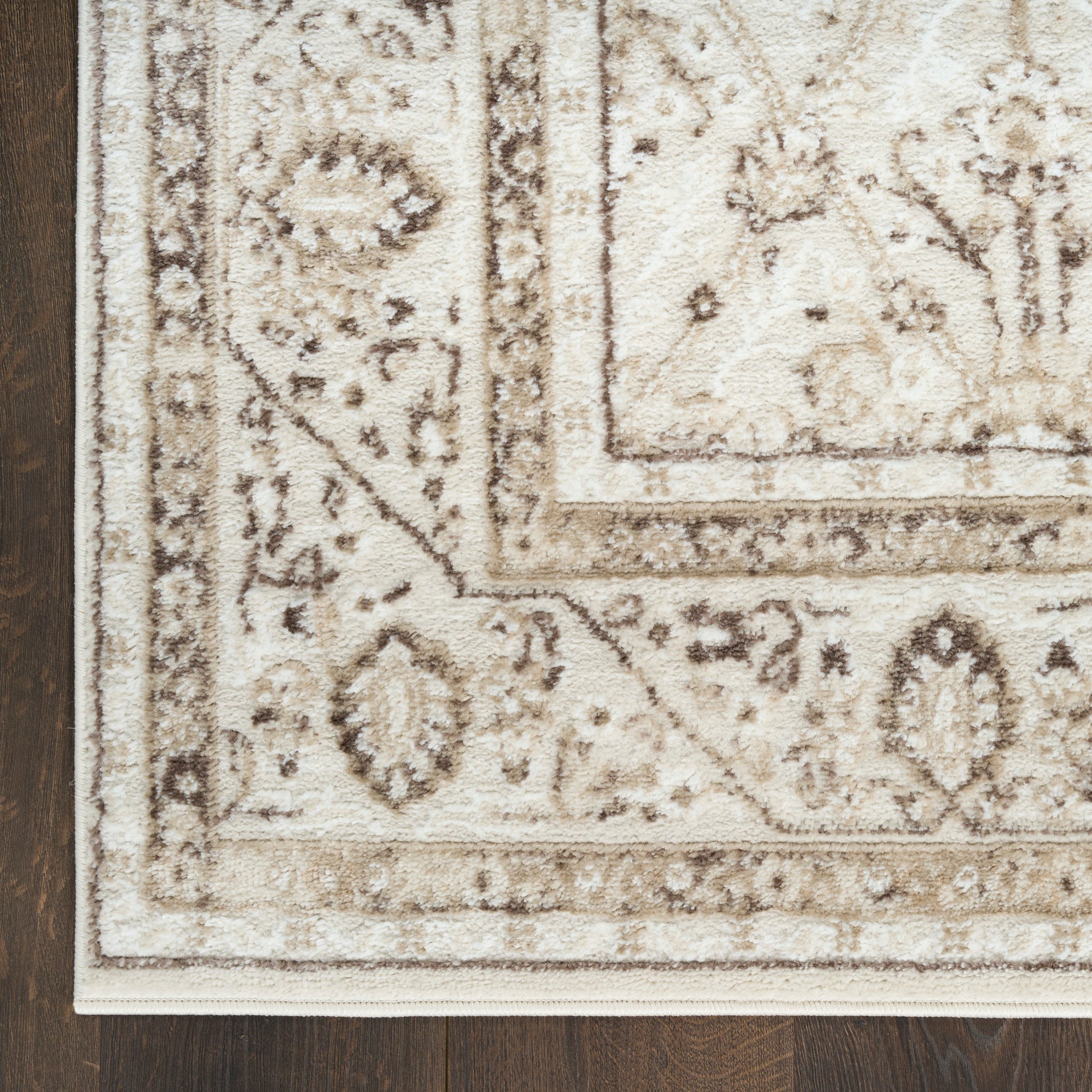 Rectangular plush ivory-beige traditional oriental area rug with brown floral border on dark wood floor.