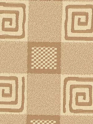 Beige & tan geometric upholstery fabric with a box-grid pattern, featuring a central checkerboard block and spiral motifs, woven texture.
