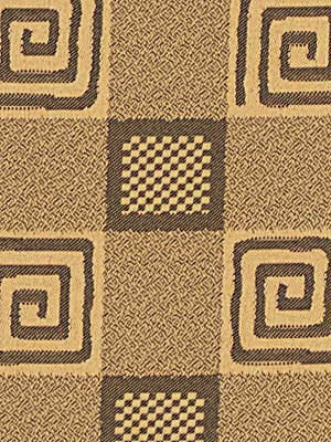 Earth-toned upholstery fabric with a grid of brown and beige squares; some squares feature spirals and small checkered centers.