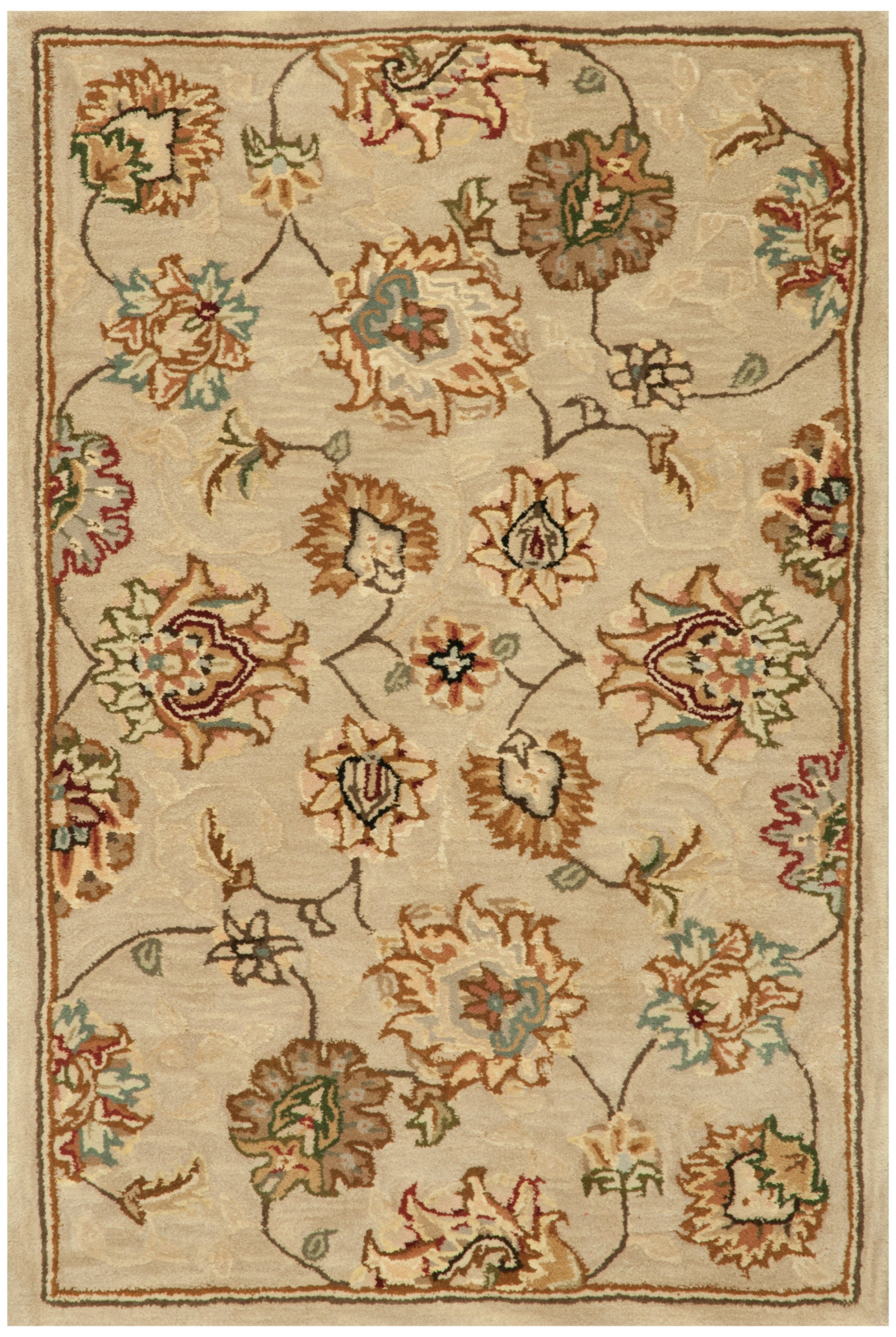 Rectangular woven rug with cream background and traditional floral pattern in teal, rust, green, and brown.