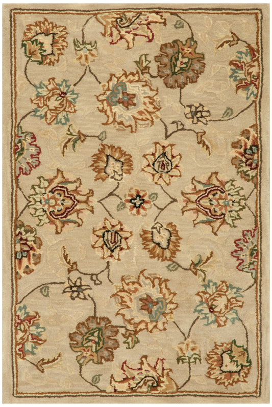 Rectangular woven rug with cream background and traditional floral pattern in teal, rust, green, and brown.
