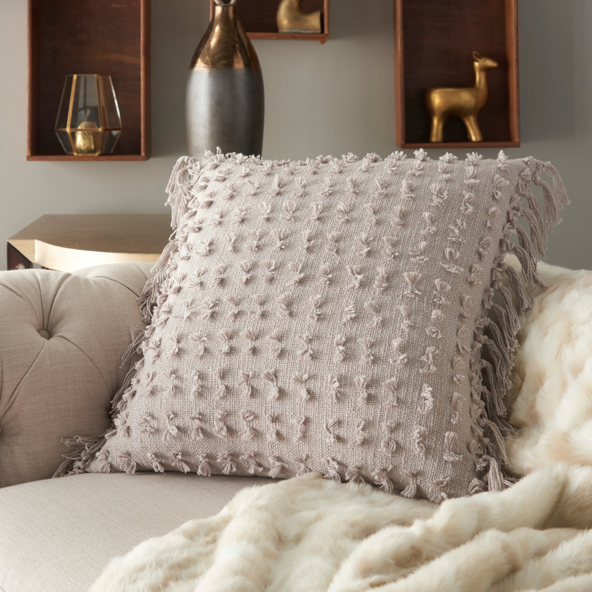 Mina Victory khaki textured throw pillow 20x20 by Nourison, handmade farmhouse decorative pillow with distressed abstract tufted embroidered cotton design, neutral accent pillow for sofa couch living room bedroom decor