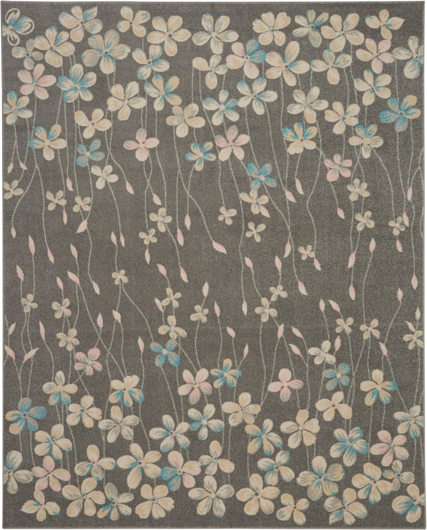 Textured dark gray area rug with pastel cream, pink, and blue flowers on long slender stems; contemporary floral pattern.