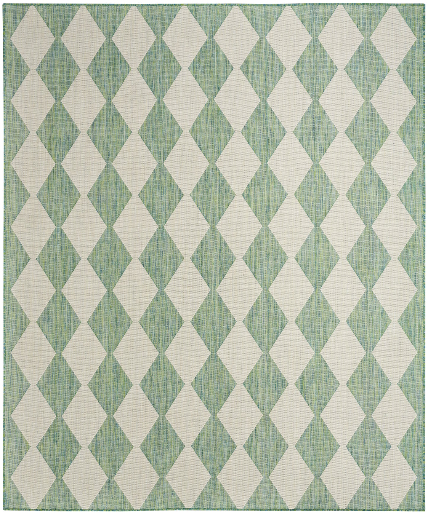 Rectangular mint-green rug with a white diamond harlequin pattern and woven texture.