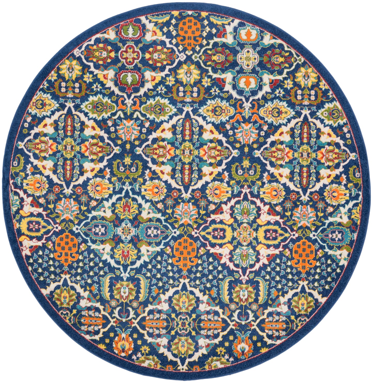 Round rug with blue field and dense multicolor floral lattice pattern, orange accents, edged by a navy border.