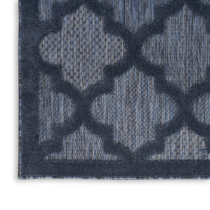 Navy blue woven rug with lighter blue trellis lattice pattern; low-pile rectangle, modern geometric style.