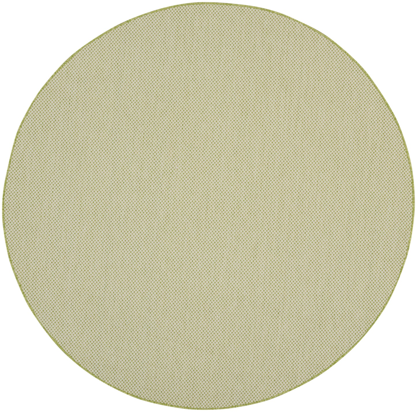 Round beige rug with an olive-green rim and subtle textured weave.