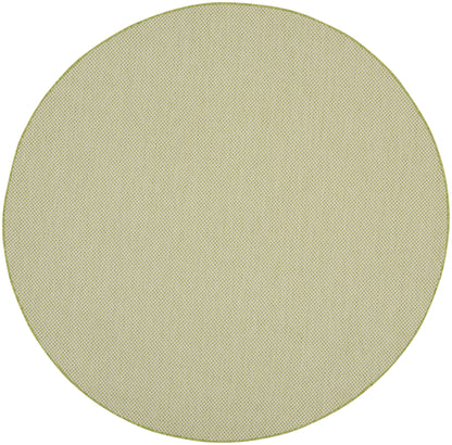 Round beige rug with an olive-green rim and subtle textured weave.