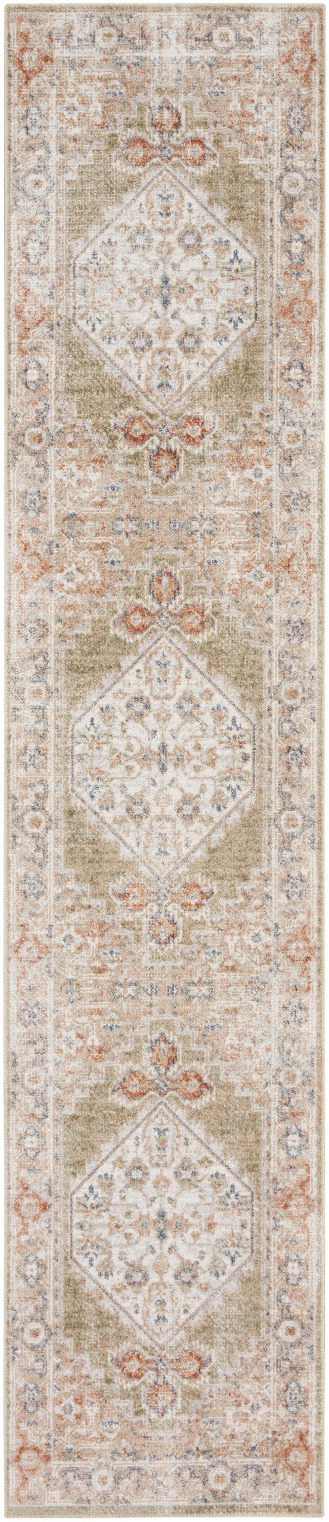 Rectangular oriental runner rug with ivory/beige base, rust and pale blue accents, diamond medallions, floral border, traditional style.
