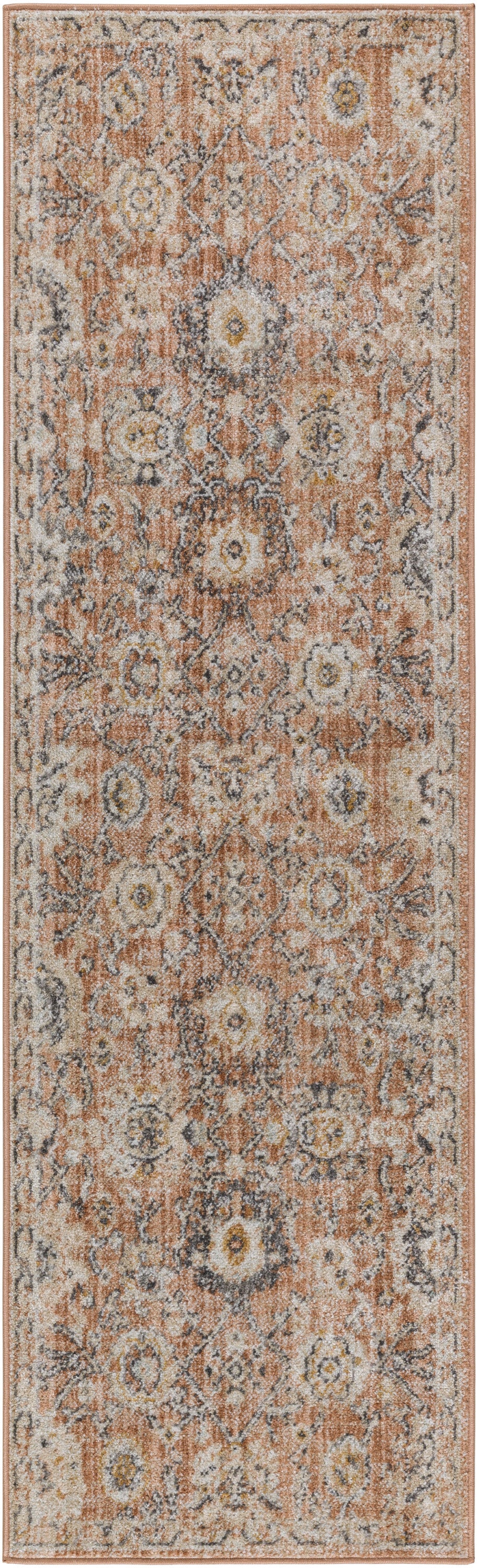 Rust-orange runner rug with distressed traditional Persian floral medallions in cream, gray and blue; narrow border.