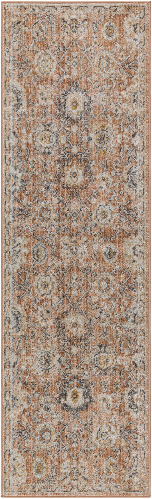 Rust-orange runner rug with distressed traditional Persian floral medallions in cream, gray and blue; narrow border.