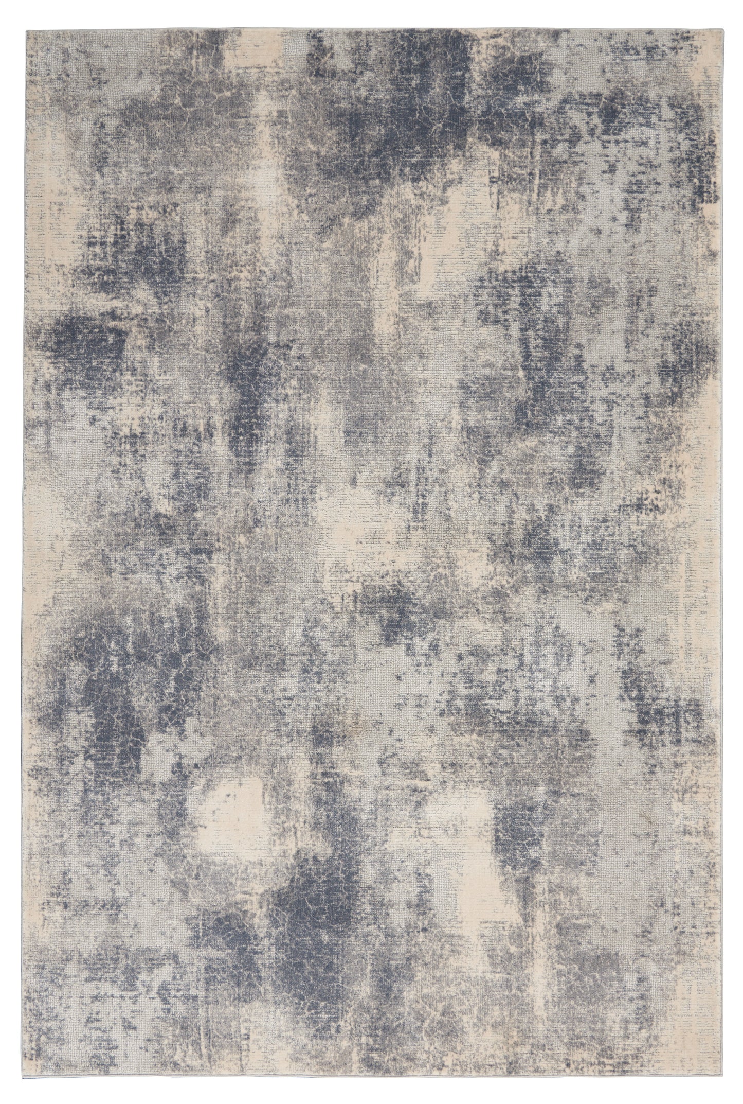 Rectangular area rug with abstract distressed blue-gray and cream pattern; modern, versatile home decor.