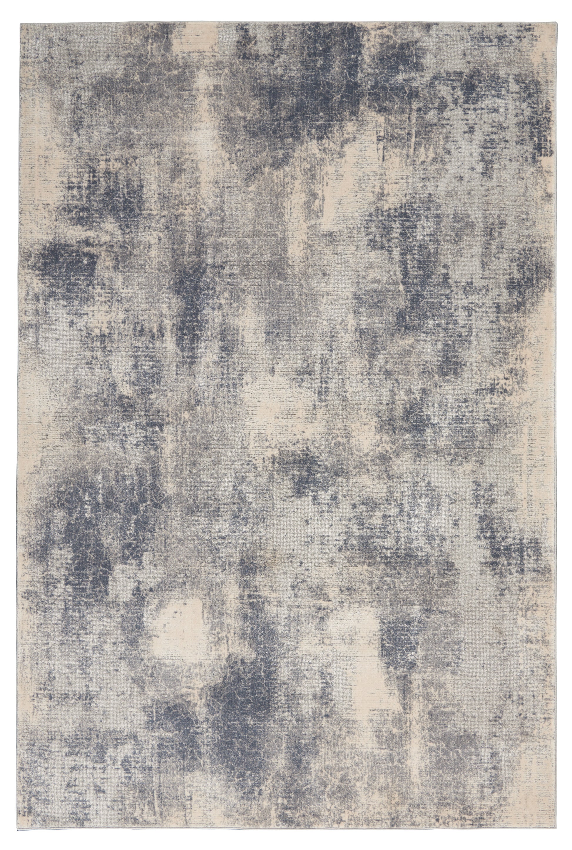 Rectangular area rug with abstract distressed blue-gray and cream pattern; modern, versatile home decor.