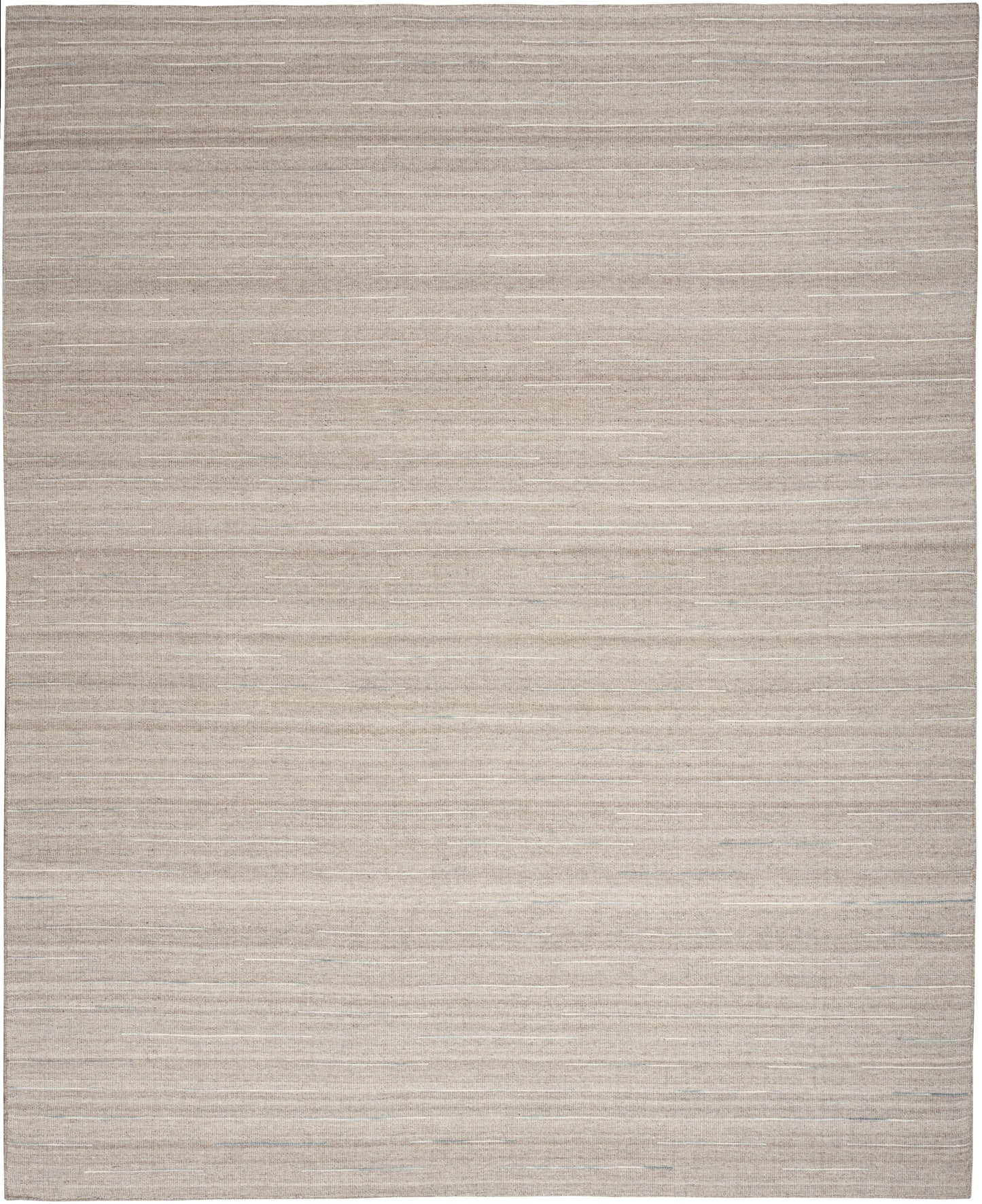 Beige flat-weave rug with subtle horizontal slub lines & soft neutral tones.