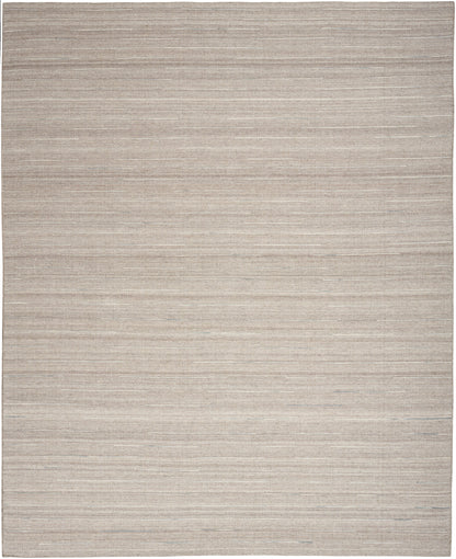 Beige flat-weave rug with subtle horizontal slub lines & soft neutral tones.