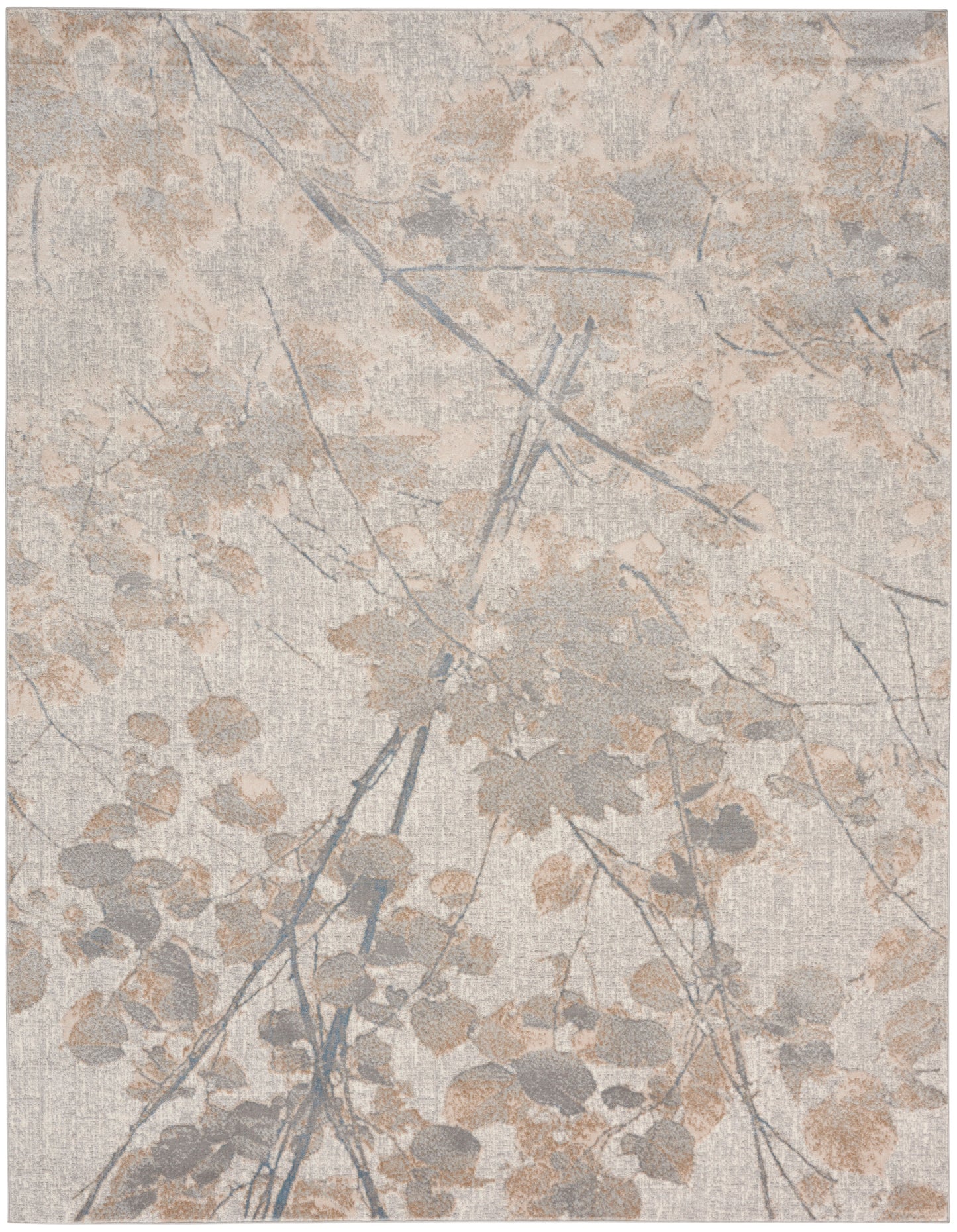 Rectangular area rug with beige, taupe and pale blue-gray leaf pattern and linen-like texture.