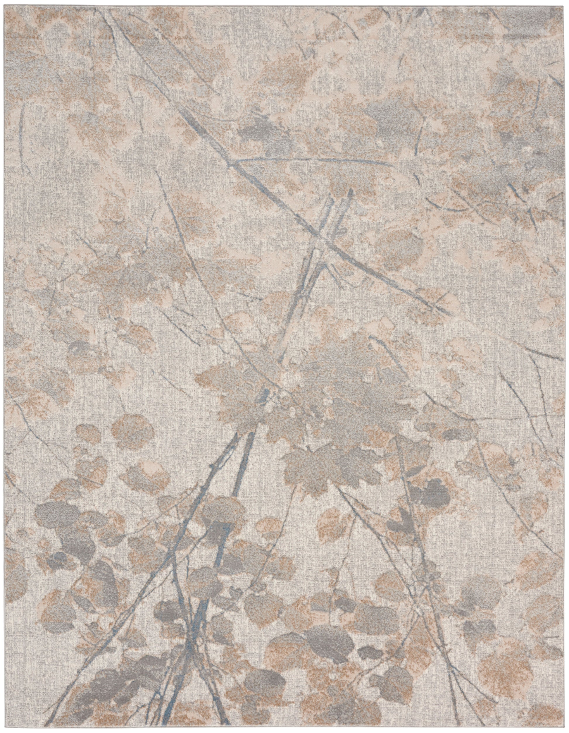 Rectangular area rug with beige, taupe and pale blue-gray leaf pattern and linen-like texture.