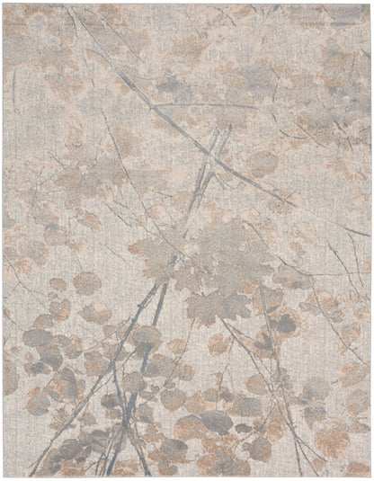 Rectangular area rug with beige, taupe and pale blue-gray leaf pattern and linen-like texture.
