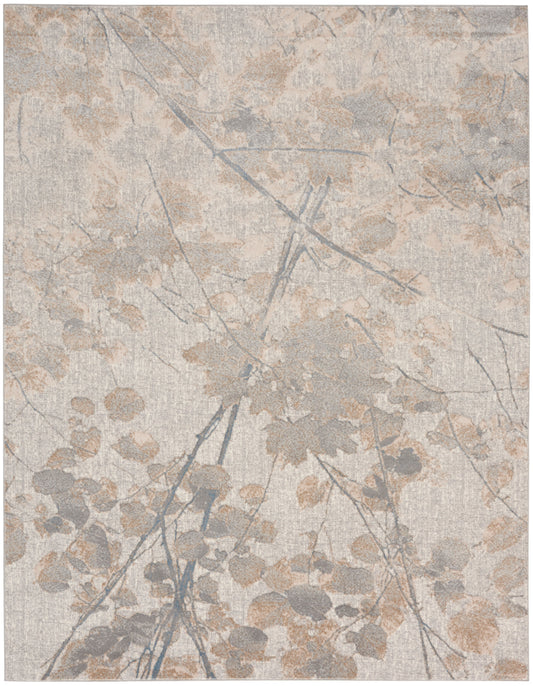 Rectangular area rug with beige, taupe and pale blue-gray leaf pattern and linen-like texture.