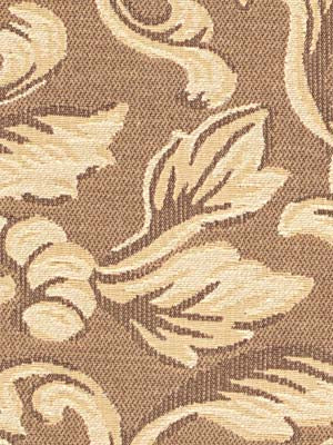 Taupe-brown damask floral jacquard fabric swatch with ivory scrolling leaves and raised woven texture