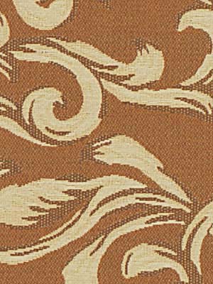 Rust brown and cream damask scroll pattern upholstery fabric; elegant floral motif for sofas or drapes.