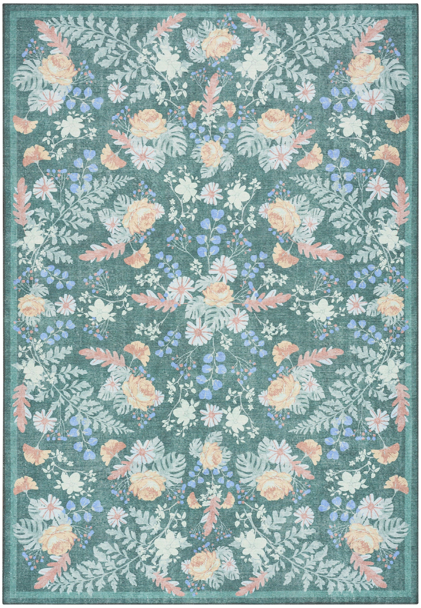 Teal floral rug with peach roses, white daisies, blue blossoms, and mint green leaves, bordered.