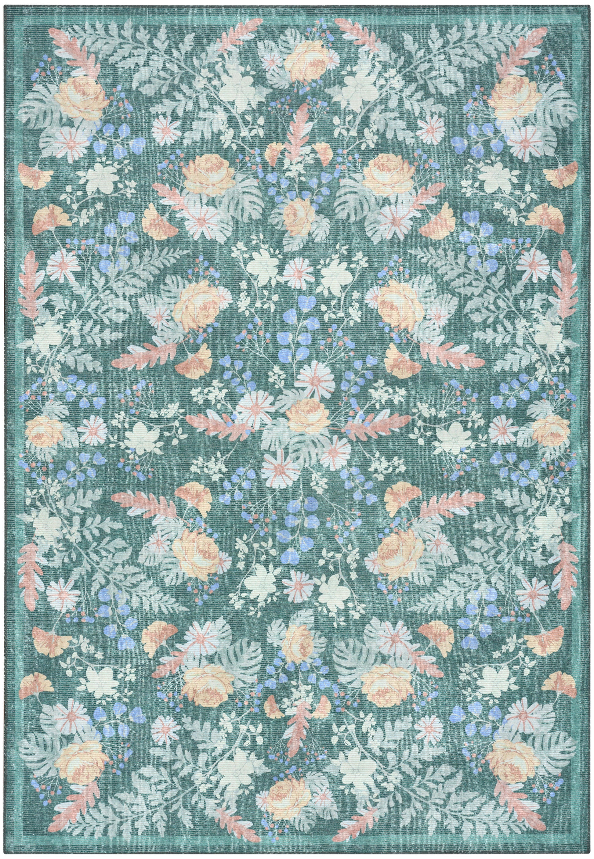 Teal floral rug with peach roses, white daisies, blue blossoms, and mint green leaves, bordered.