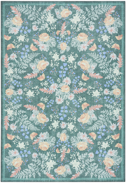 Teal floral rug with peach roses, white daisies, blue blossoms, and mint green leaves, bordered.