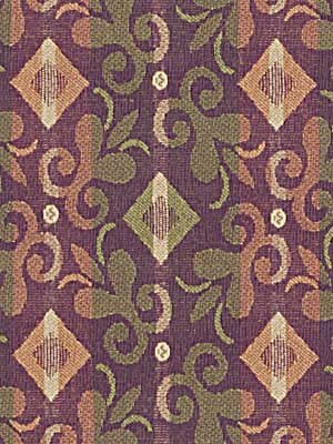 Purple damask upholstery fabric with olive green scrolling vines and beige diamond medallions in jacquard/tapestry style.