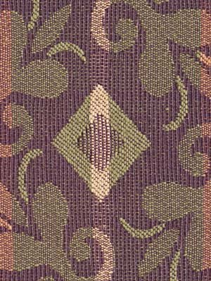 Purple jacquard fabric with a gold damask pattern featuring a central diamond motif and scrolling vines; ideal for upholstery.