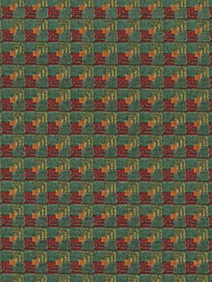 Textured fabric with teal background and red-orange square motifs with yellow centers; retro geometric upholstery print.