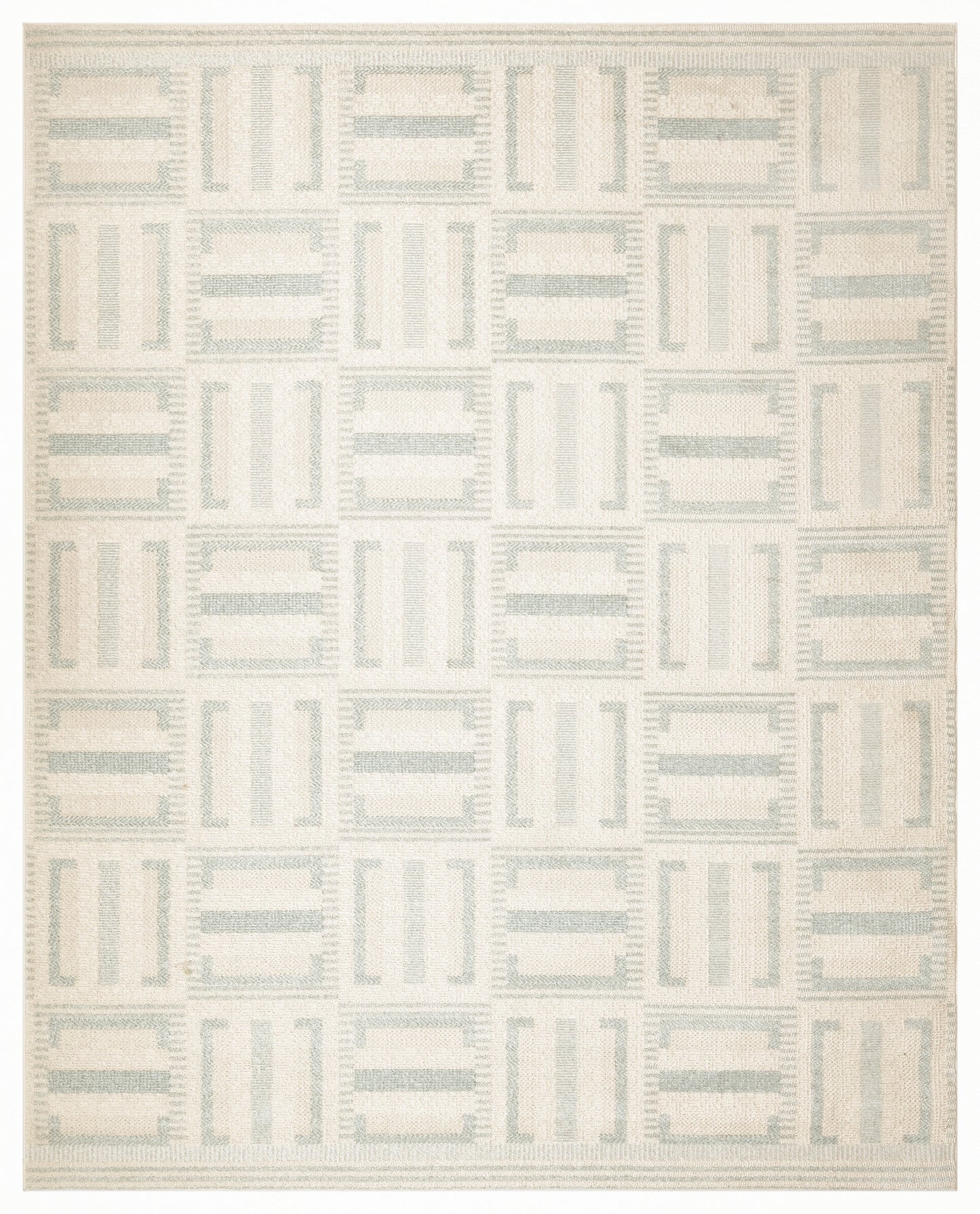 Light beige woven rug with pale blue-gray tile-like blocks in a grid; modern geometric design.