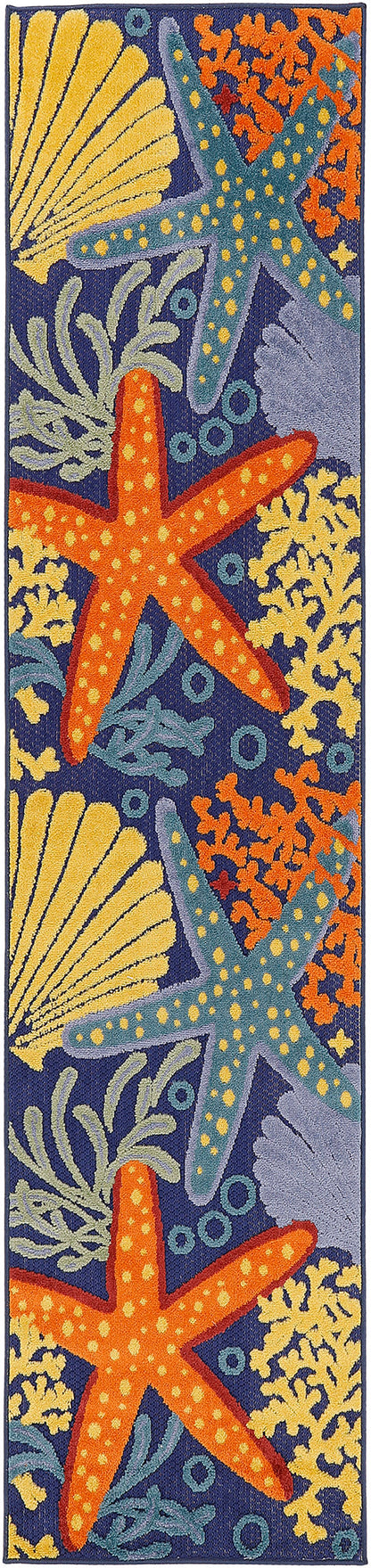 Coastal decorative rug with orange & teal starfish, yellow shells, coral & seaweed on a navy background.