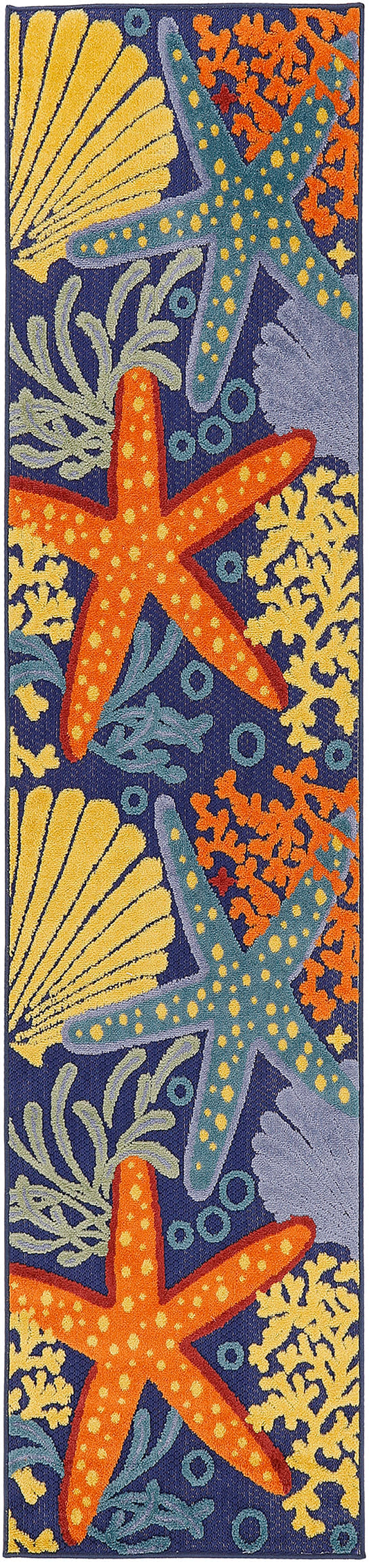Coastal decorative rug with orange & teal starfish, yellow shells, coral & seaweed on a navy background.