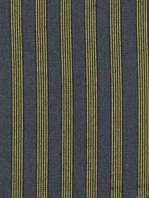 Navy blue fabric with narrow vertical gold pinstripes, metallic sheen, striped textile suitable for upholstery or garments.