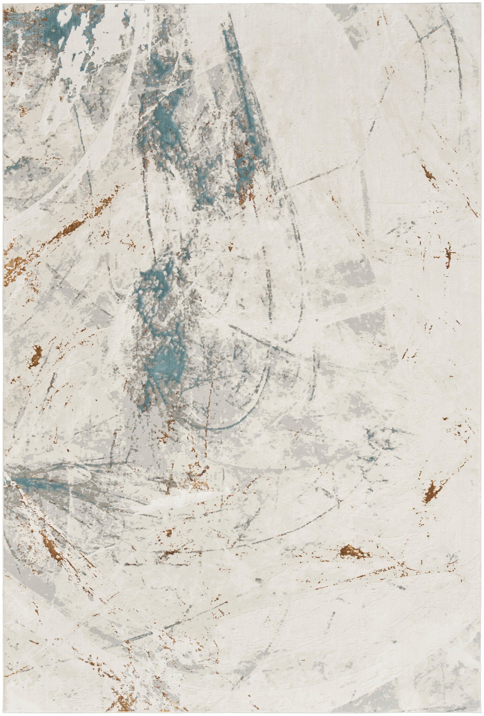 Abstract distressed rug with cream background and teal-blue and rust brushstrokes; modern area rug, 5' x 7'.