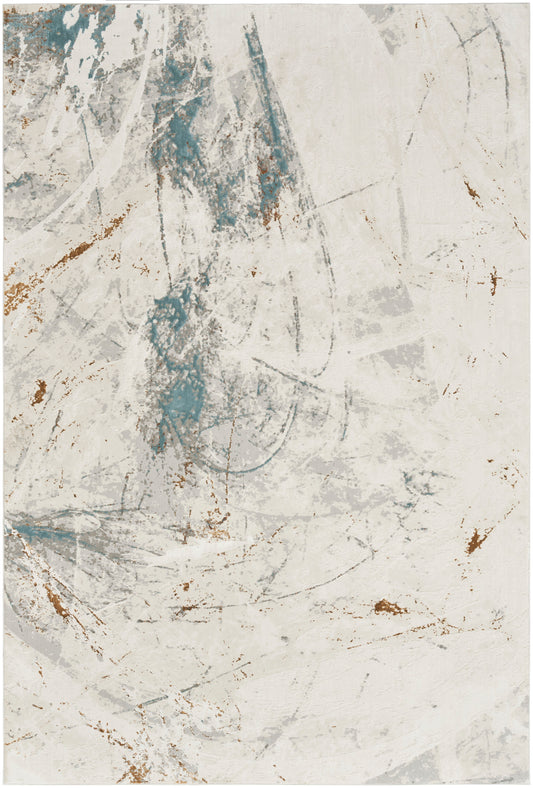 Abstract distressed rug with cream background and teal-blue and rust brushstrokes; modern area rug, 5' x 7'.