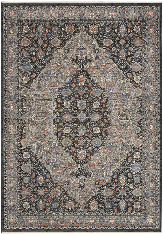 Persian-style oriental rug with dark navy field, ivory central medallion, blue and rust floral motifs, layered borders.