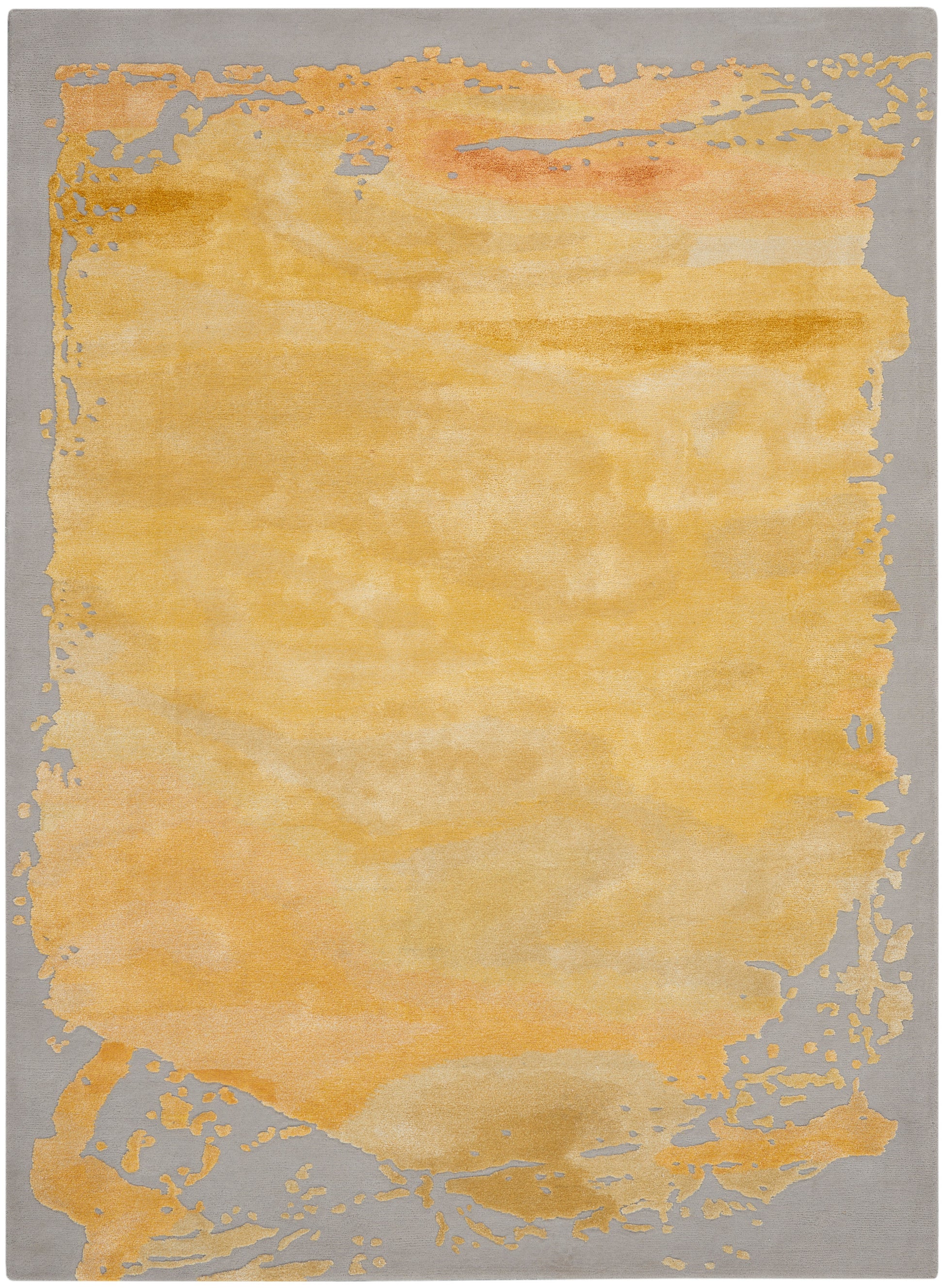 Grey bordered rug with a large irregular gold-yellow abstract patch for contemporary decor.