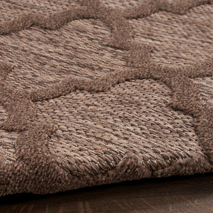 Brown woven jute rug with raised circular tufted motif, rustic textured pattern for living spaces.