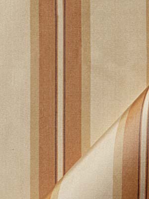 Beige striped drapery fabric with tan and brown vertical stripes, rolled edge at corner.