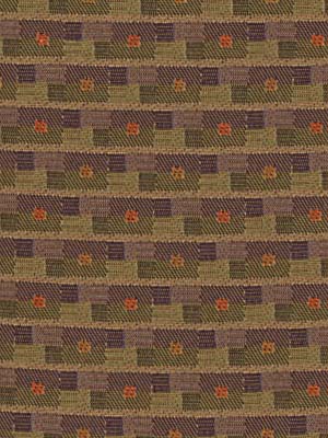 Woven violet upholstery fabric with repeating horizontal bands of olive green, brown, and violet, featuring small orange square accents.