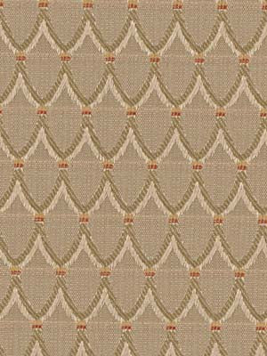 Beige woven fabric with cream scallop arches and tan outlines; tiny orange accents at intersections; upholstery fabric.