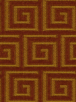 Gold & burgundy Greek-key geometric woven fabric with textured jacquard; velvet-like upholstery or drapery material.