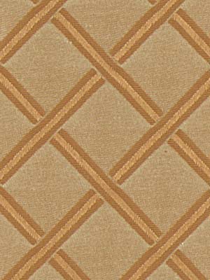 Saffron-colored woven upholstery fabric with an interlocking bronze-brown geometric lattice pattern and a textured weave.