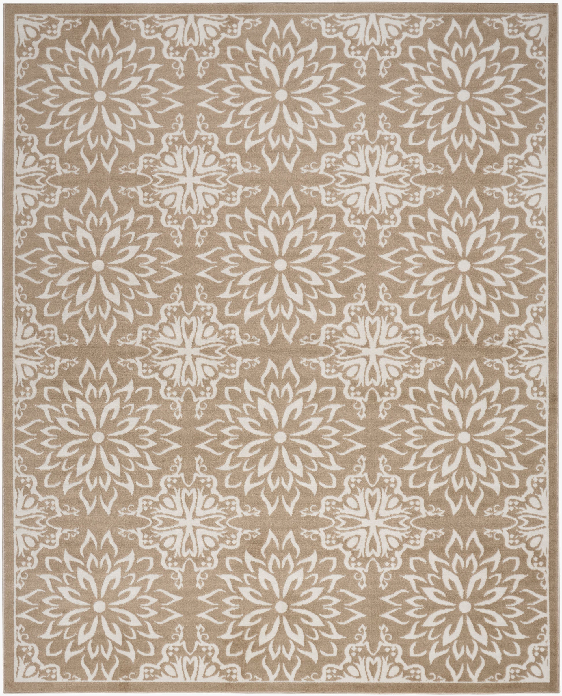 Beige area rug with repeating white starburst/mandala medallions and border trim.