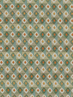 Teal, sage and beige dot-pattern upholstery fabric with orange accents; geometric woven look.