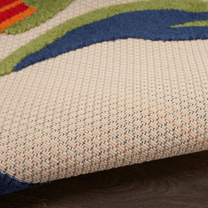 Beige woven runner rug with natural fiber texture; blue curved stripe, green border, and multicolor specks.