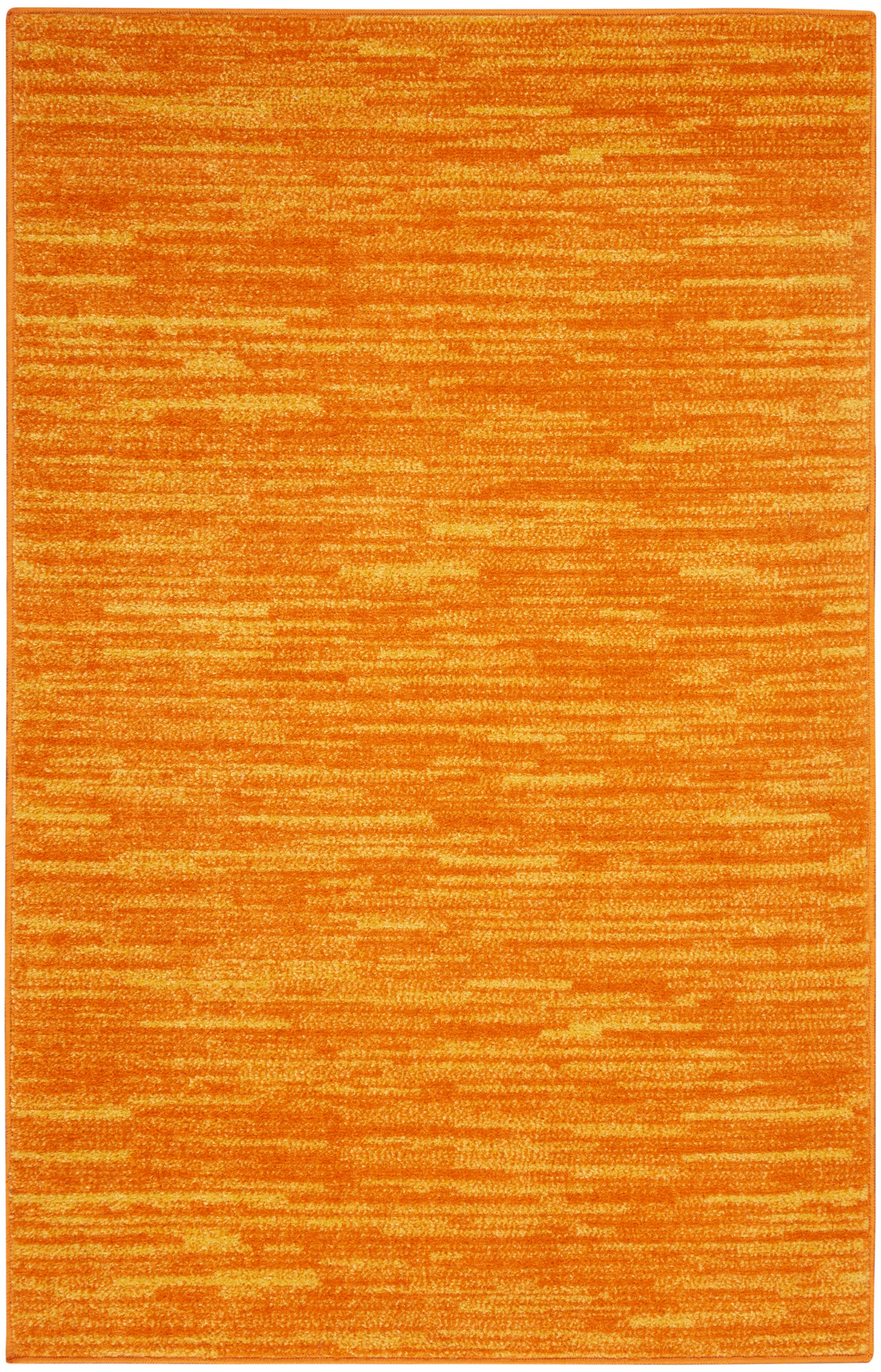Orange textured rectangular outdoor rug with warm variegated orange tones and subtle horizontal streaks.
