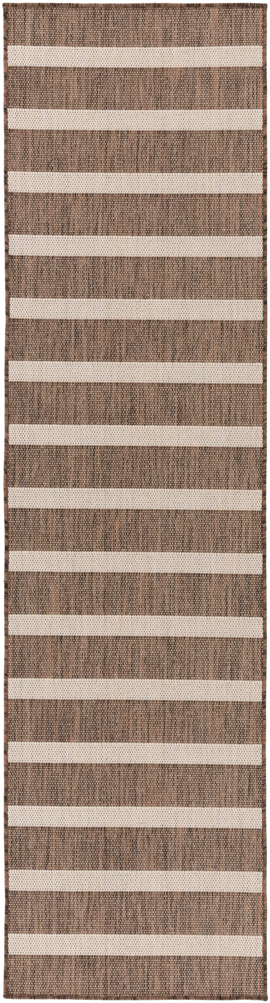 Long rectangular woven rug in beige and brown horizontal stripes; 10' runner with a rustic, textured jute-look.